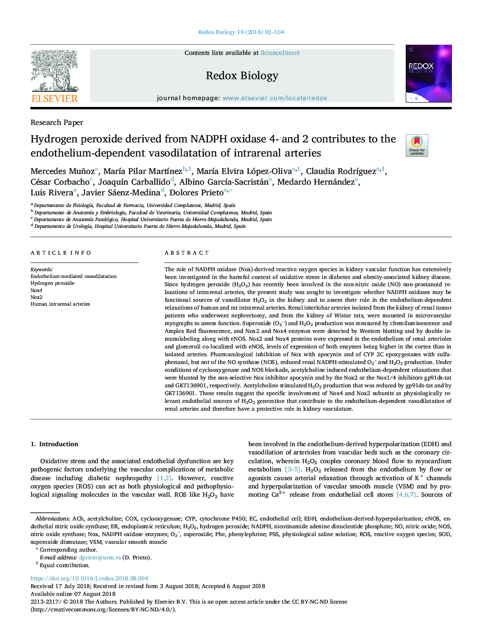 Hydrogen peroxide derived from NADPH oxidase 4- and 2 contributes to the endothelium-dependent vasodilatation of intrarenal arteries