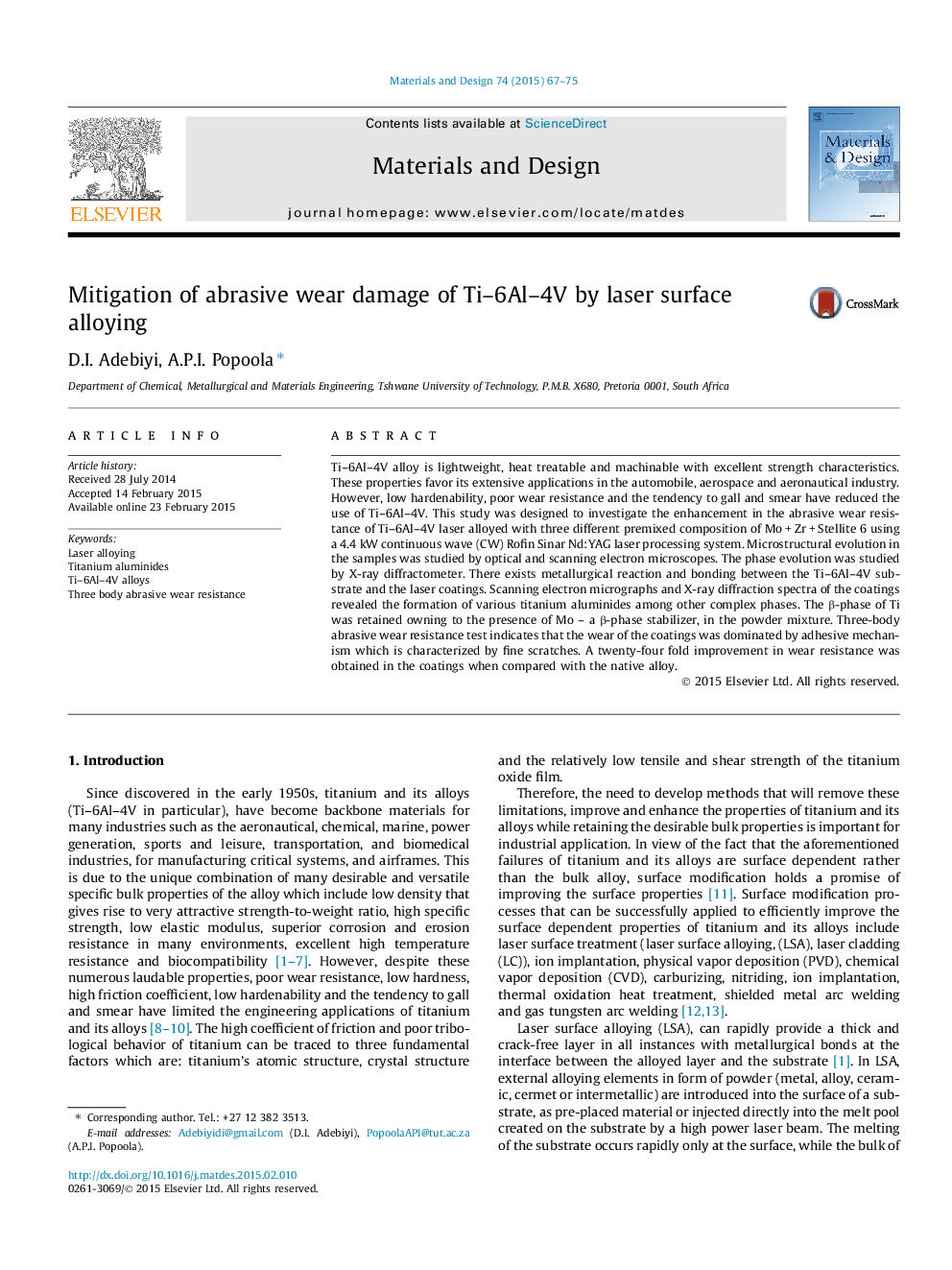 Mitigation of abrasive wear damage of Ti–6Al–4V by laser surface alloying