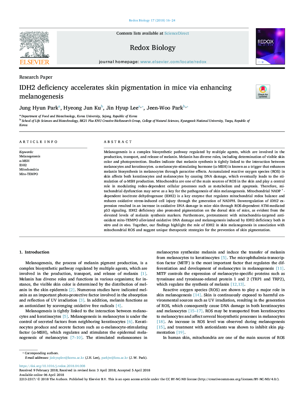 IDH2 deficiency accelerates skin pigmentation in mice via enhancing melanogenesis