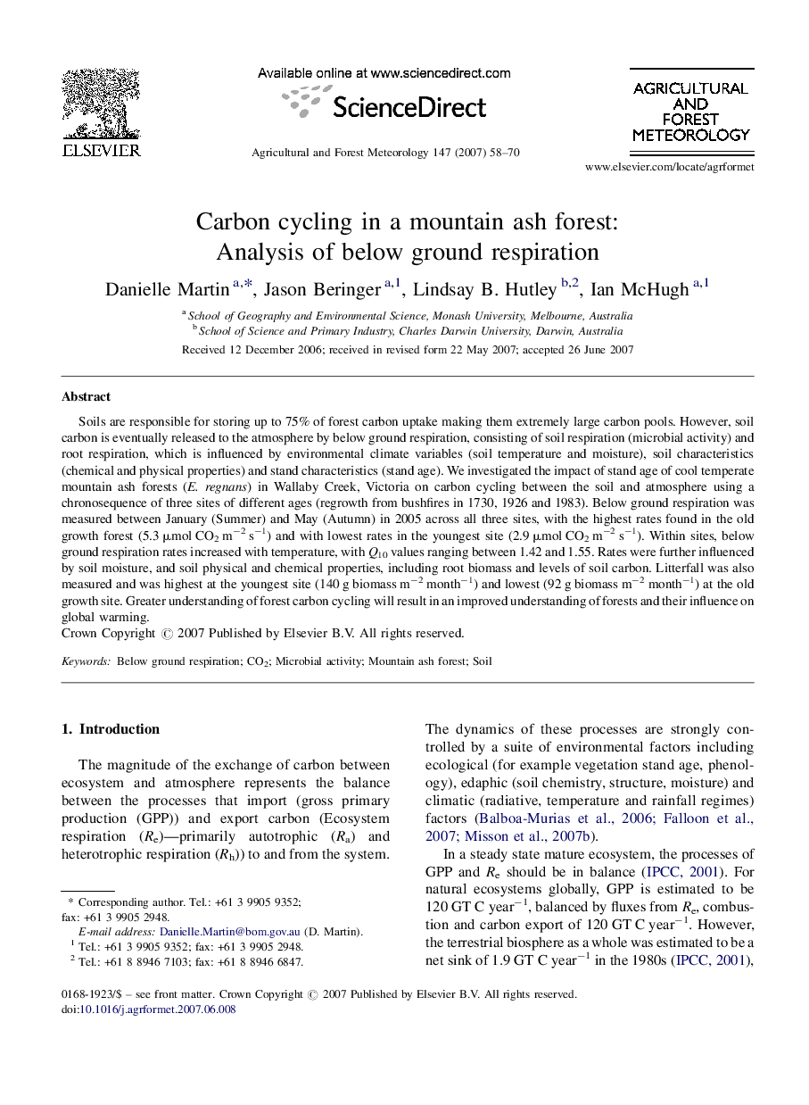 Carbon cycling in a mountain ash forest: Analysis of below ground respiration