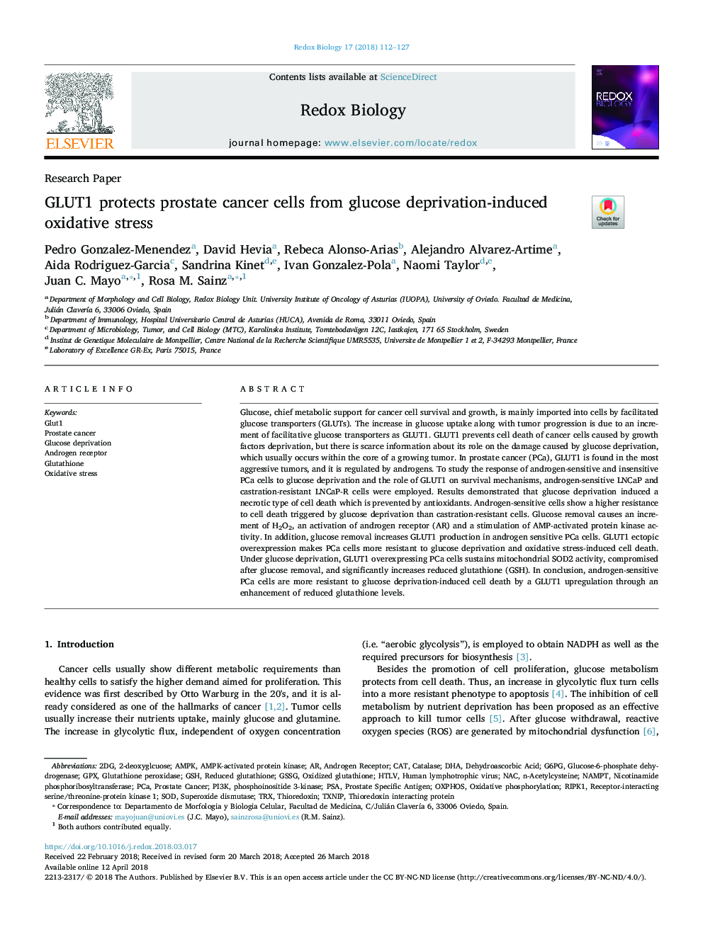 GLUT1 protects prostate cancer cells from glucose deprivation-induced oxidative stress