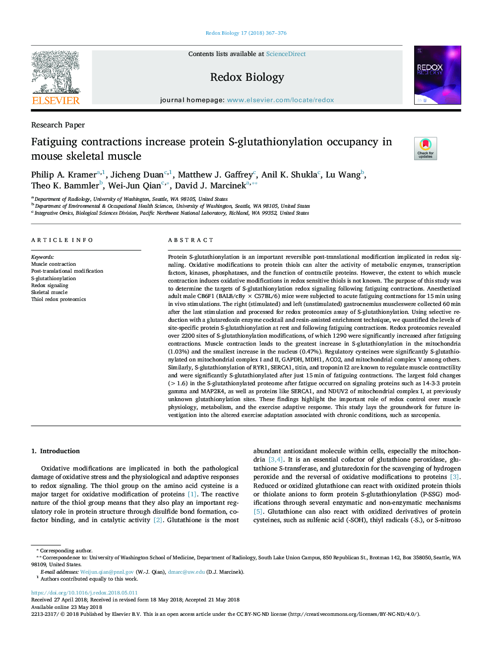 Fatiguing contractions increase protein S-glutathionylation occupancy in mouse skeletal muscle