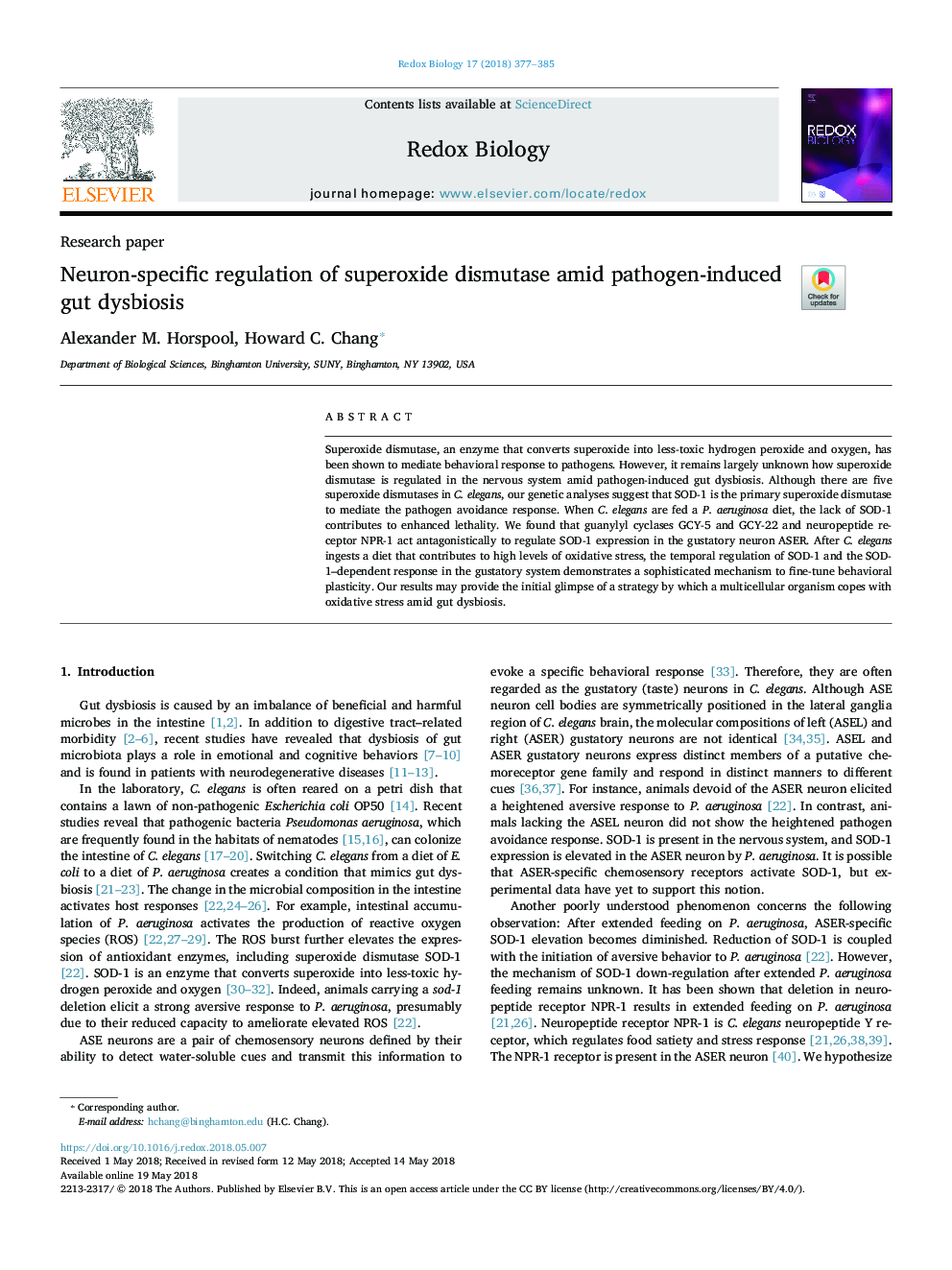 Neuron-specific regulation of superoxide dismutase amid pathogen-induced gut dysbiosis