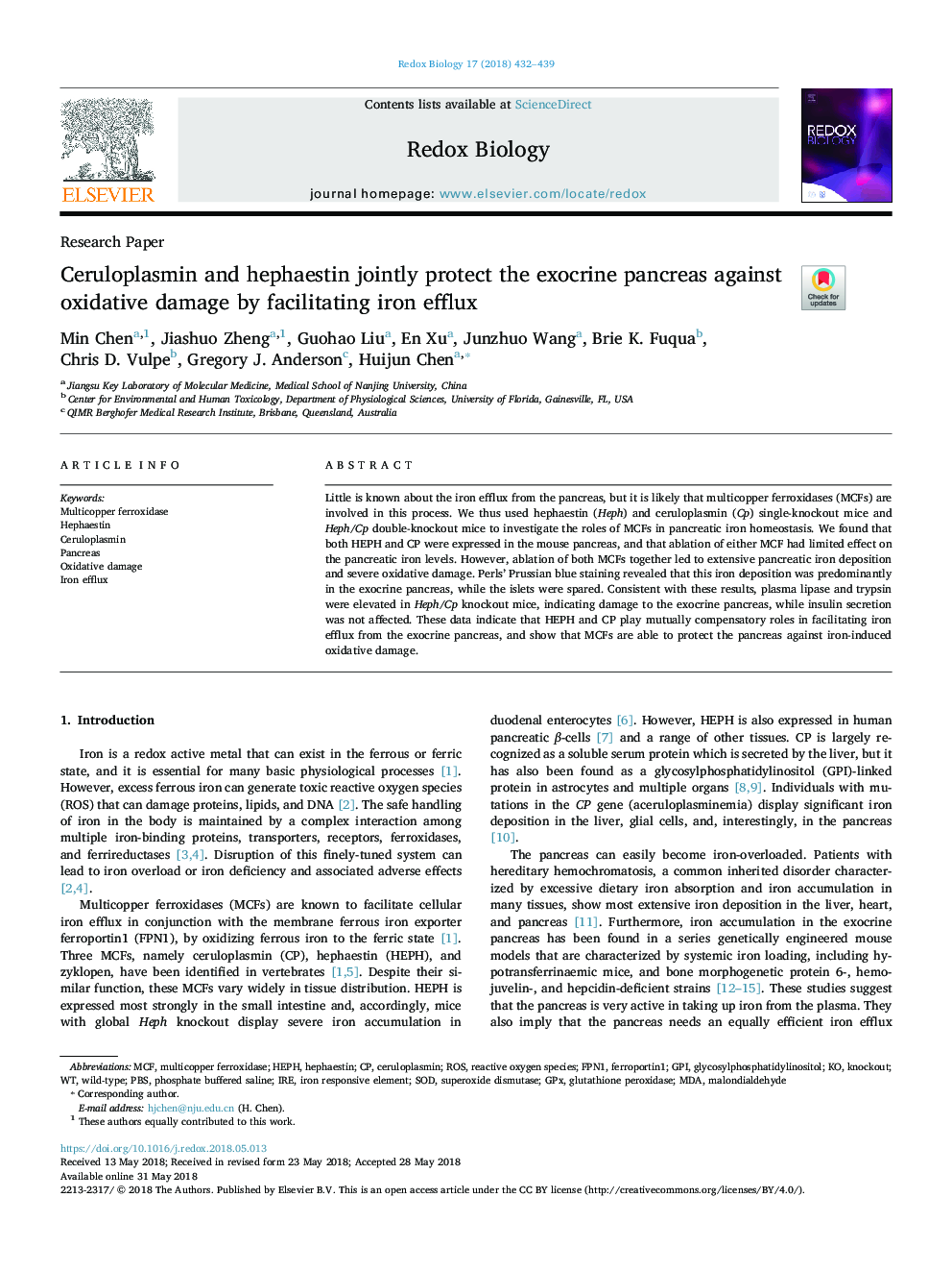 Ceruloplasmin and hephaestin jointly protect the exocrine pancreas against oxidative damage by facilitating iron efflux