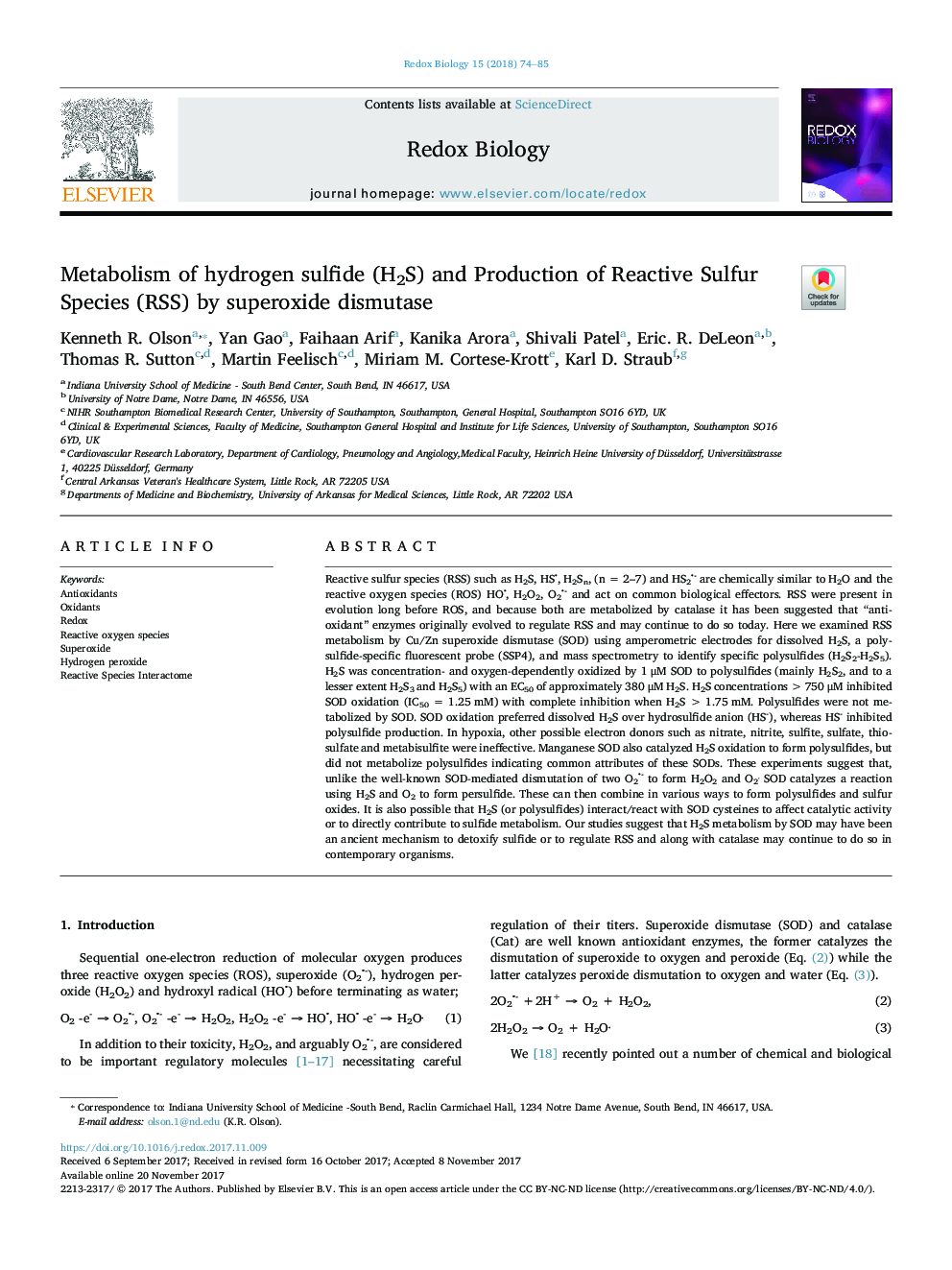 Metabolism of hydrogen sulfide (H2S) and Production of Reactive Sulfur Species (RSS) by superoxide dismutase