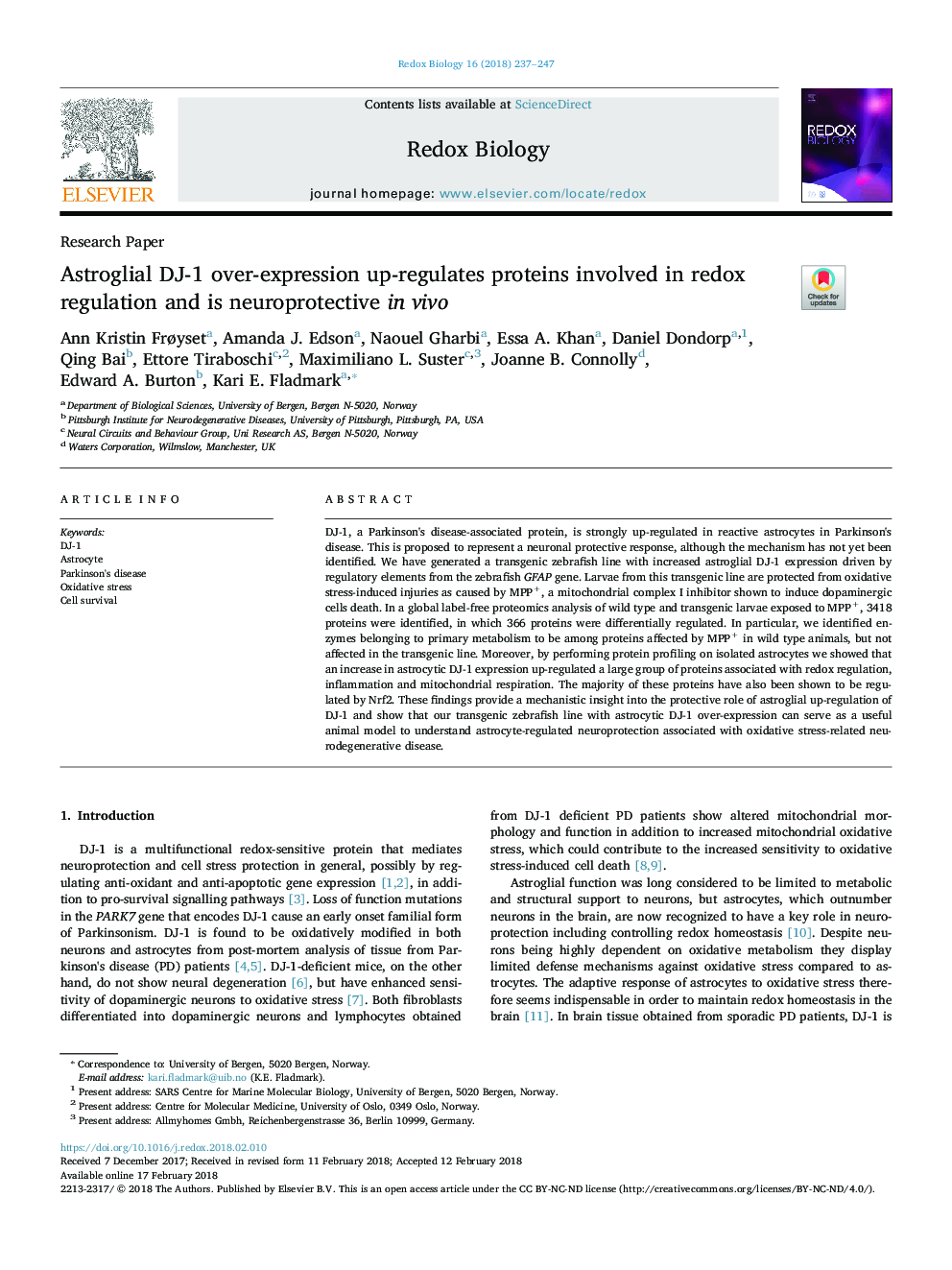 Astroglial DJ-1 over-expression up-regulates proteins involved in redox regulation and is neuroprotective in vivo