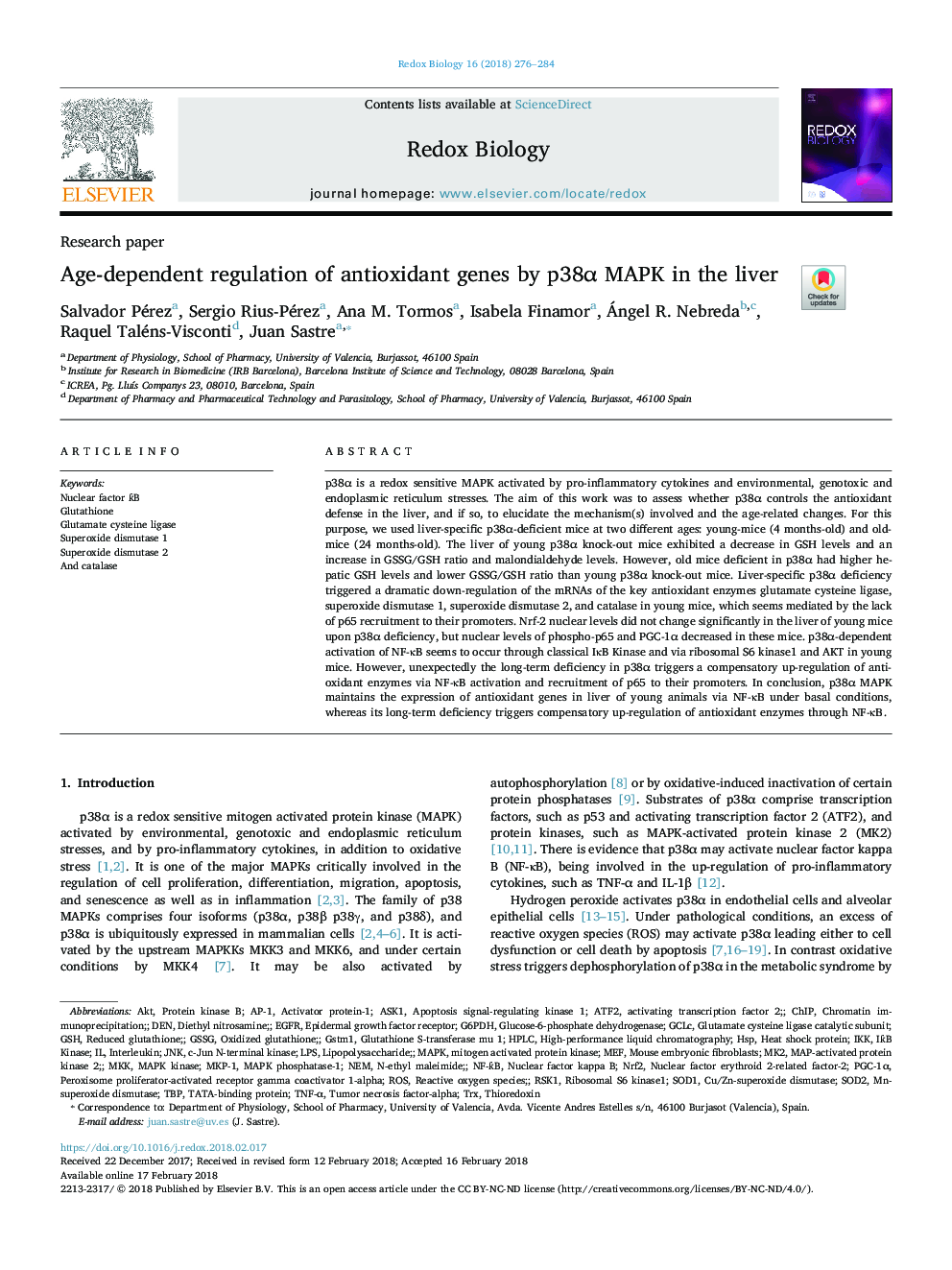 Age-dependent regulation of antioxidant genes by p38Î± MAPK in the liver