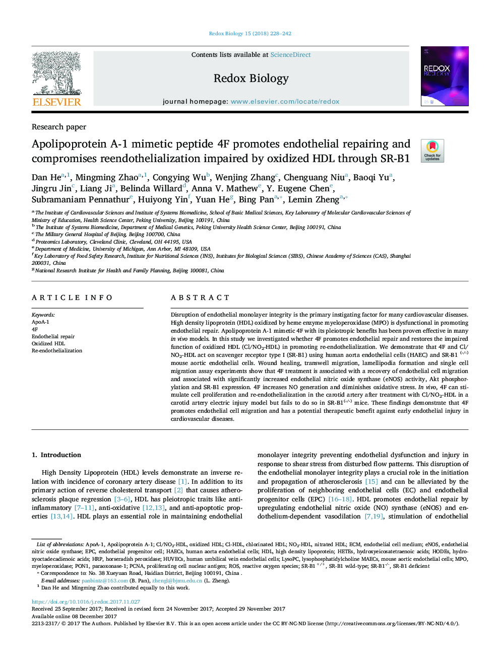 Apolipoprotein A-1 mimetic peptide 4F promotes endothelial repairing and compromises reendothelialization impaired by oxidized HDL through SR-B1