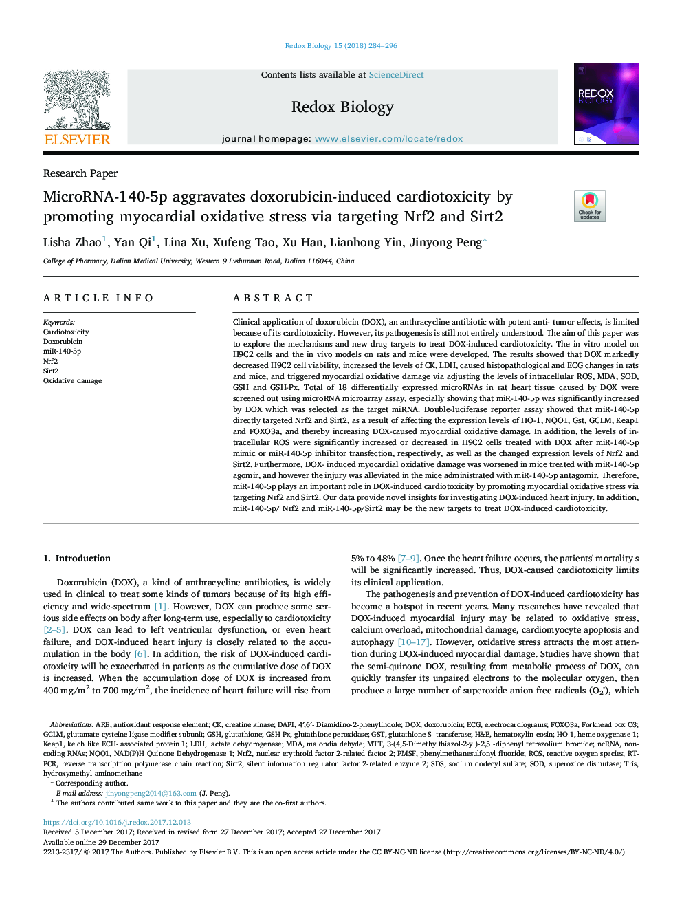 MicroRNA-140-5p aggravates doxorubicin-induced cardiotoxicity by promoting myocardial oxidative stress via targeting Nrf2 and Sirt2