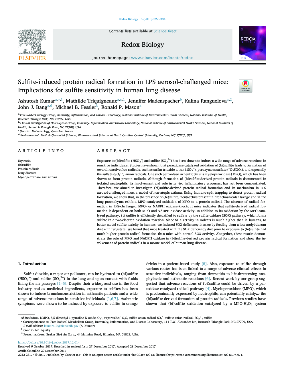 Sulfite-induced protein radical formation in LPS aerosol-challenged mice: Implications for sulfite sensitivity in human lung disease