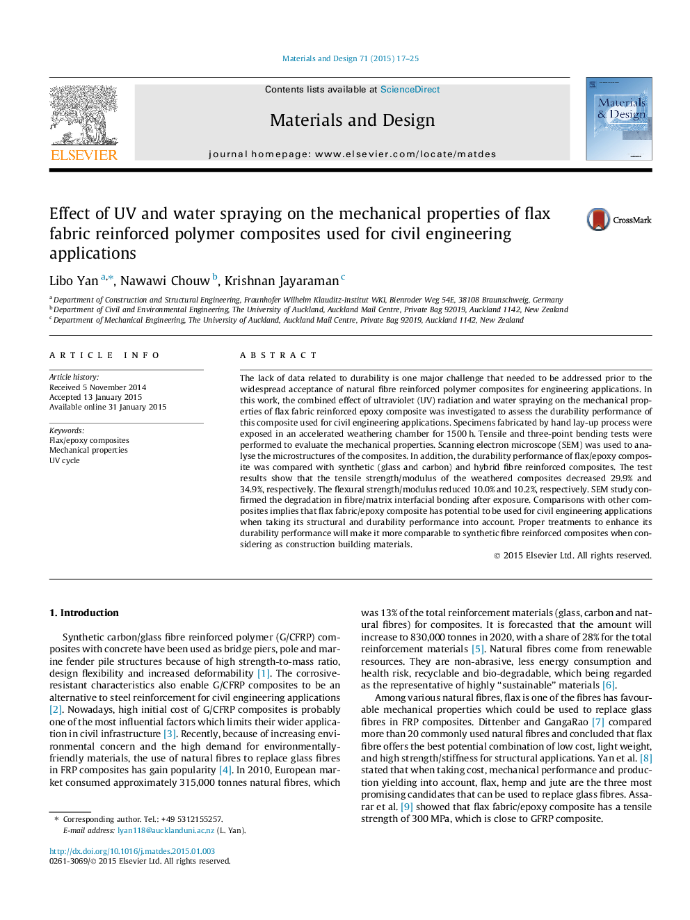 Effect of UV and water spraying on the mechanical properties of flax fabric reinforced polymer composites used for civil engineering applications