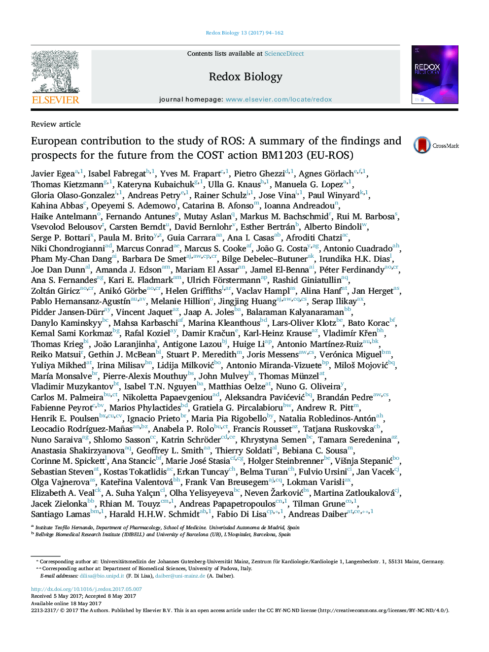 عکس صفحه اول مقاله: European contribution to the study of ROS: A summary of the findings and prospects for the future from the COST action BM1203 (EU-ROS) European contribution to the study of ROS: A summary of the findings and prospects for the future from the COST action BM1203 (EU-ROS)