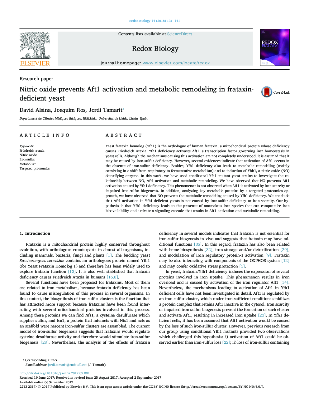 Nitric oxide prevents Aft1 activation and metabolic remodeling in frataxin-deficient yeast