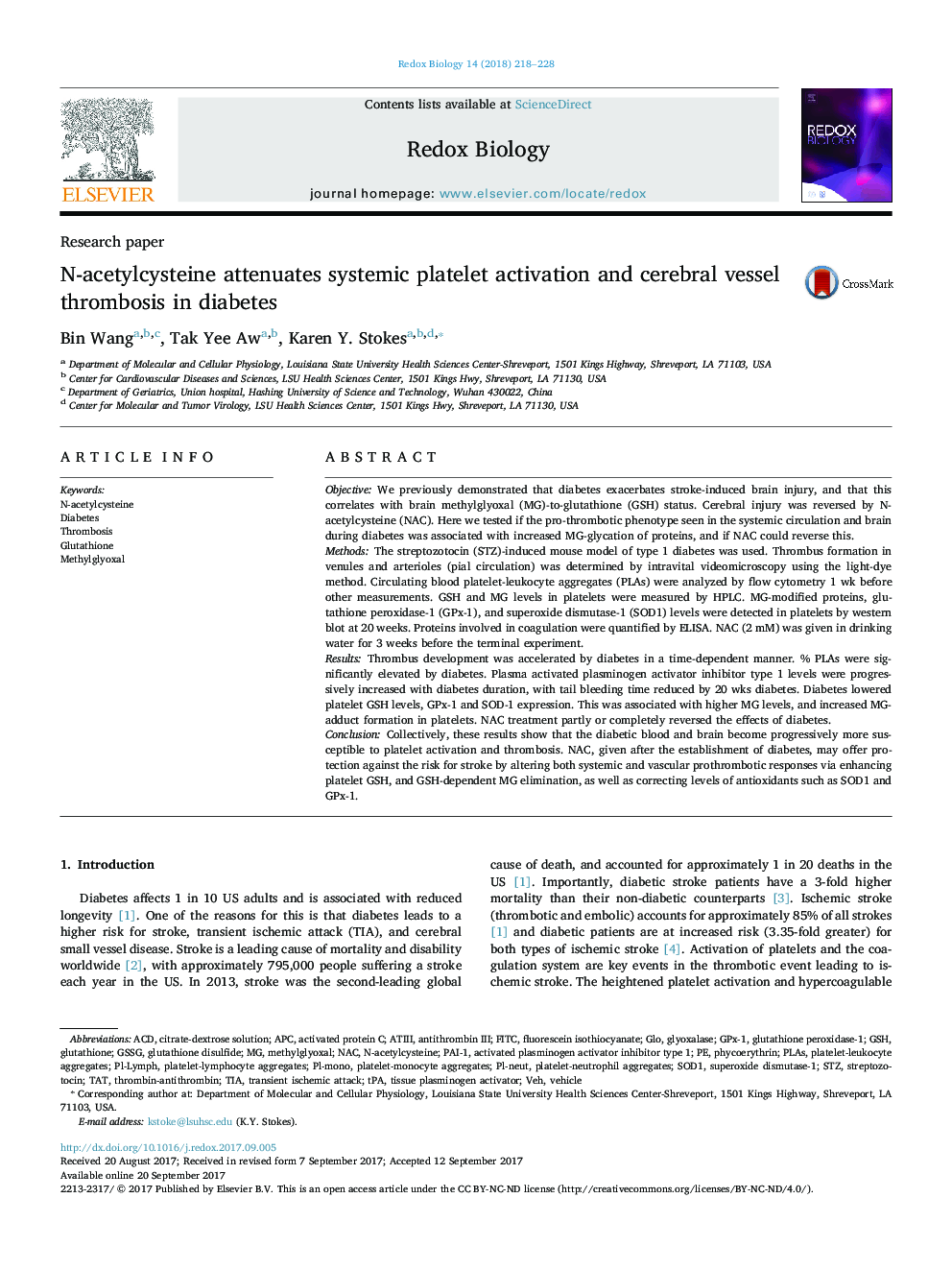 N-acetylcysteine attenuates systemic platelet activation and cerebral vessel thrombosis in diabetes