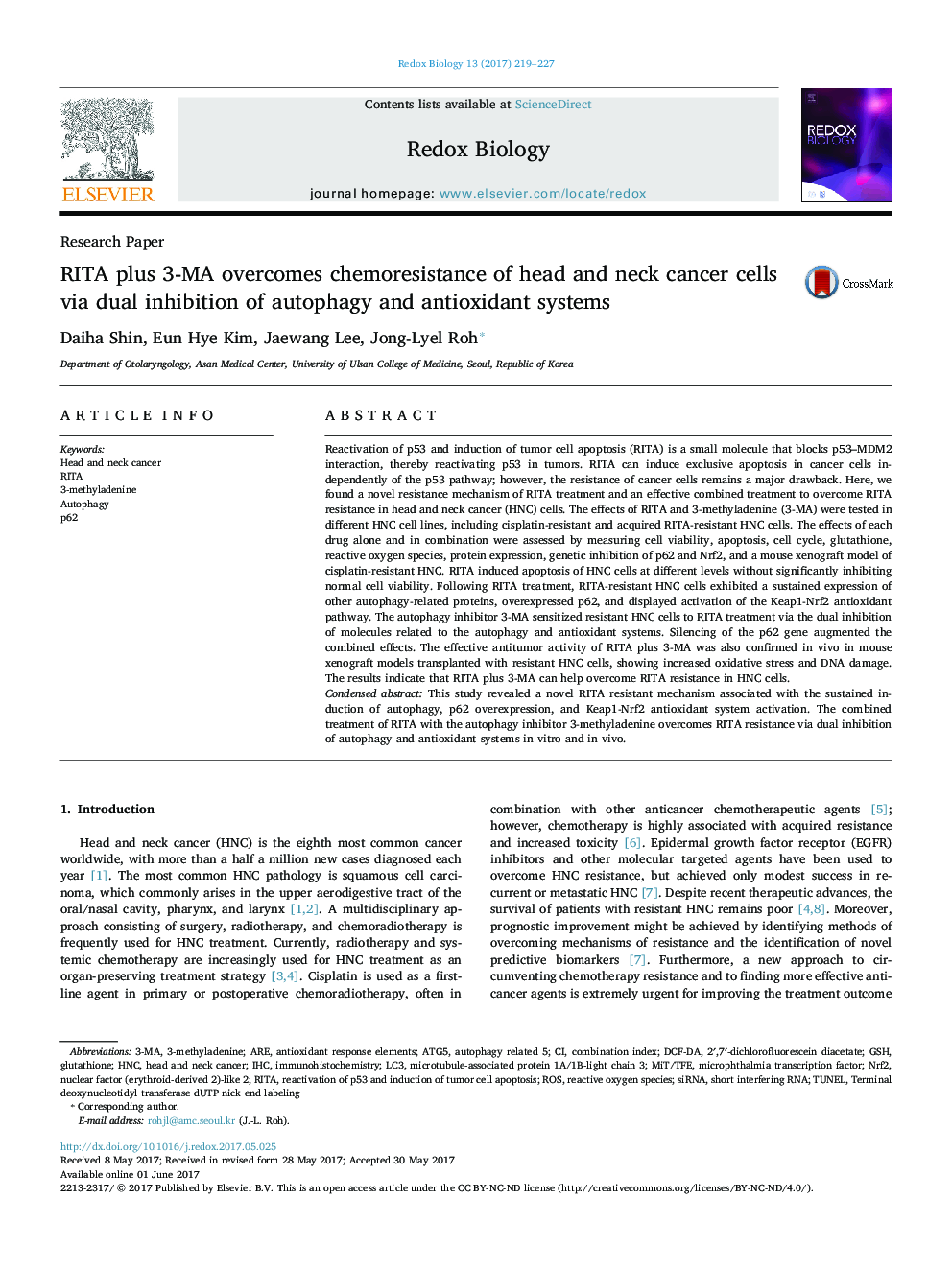 RITA plus 3-MA overcomes chemoresistance of head and neck cancer cells via dual inhibition of autophagy and antioxidant systems