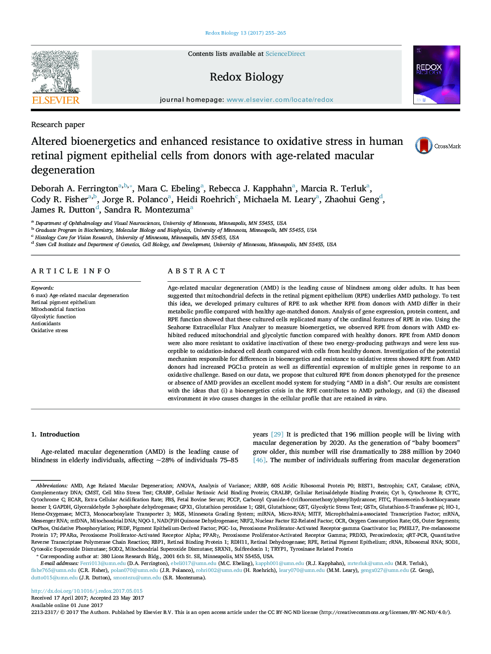 Altered bioenergetics and enhanced resistance to oxidative stress in human retinal pigment epithelial cells from donors with age-related macular degeneration