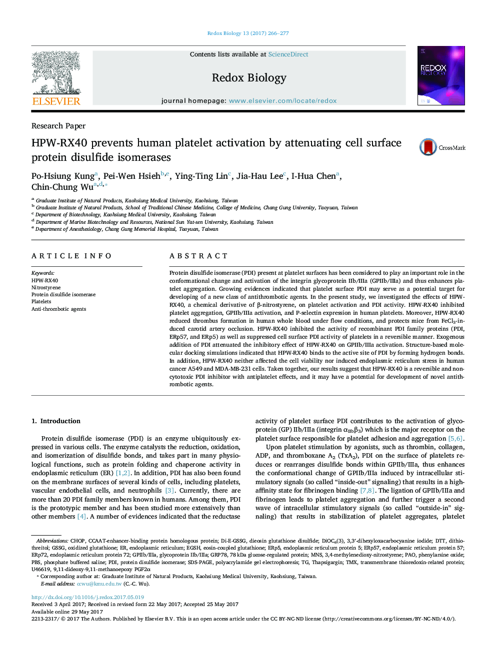 HPW-RX40 prevents human platelet activation by attenuating cell surface protein disulfide isomerases