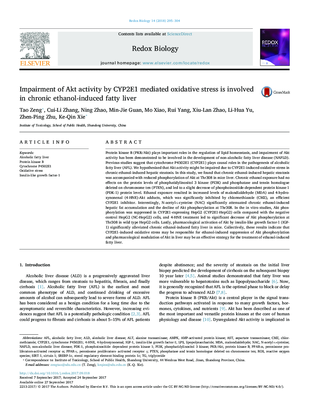 Impairment of Akt activity by CYP2E1 mediated oxidative stress is involved in chronic ethanol-induced fatty liver