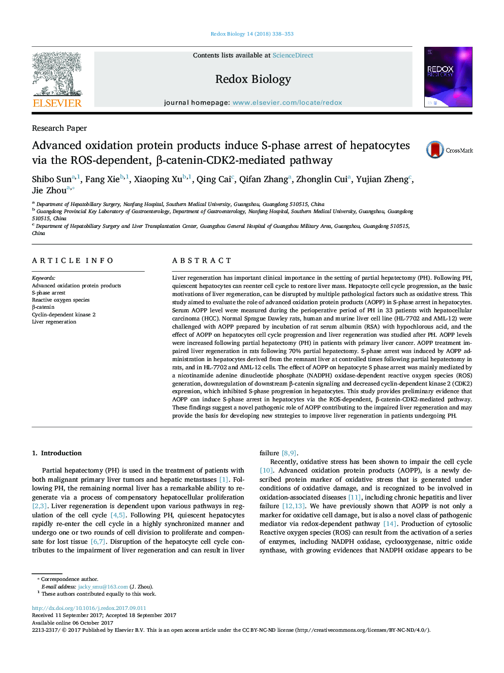 Advanced oxidation protein products induce S-phase arrest of hepatocytes via the ROS-dependent, Î²-catenin-CDK2-mediated pathway