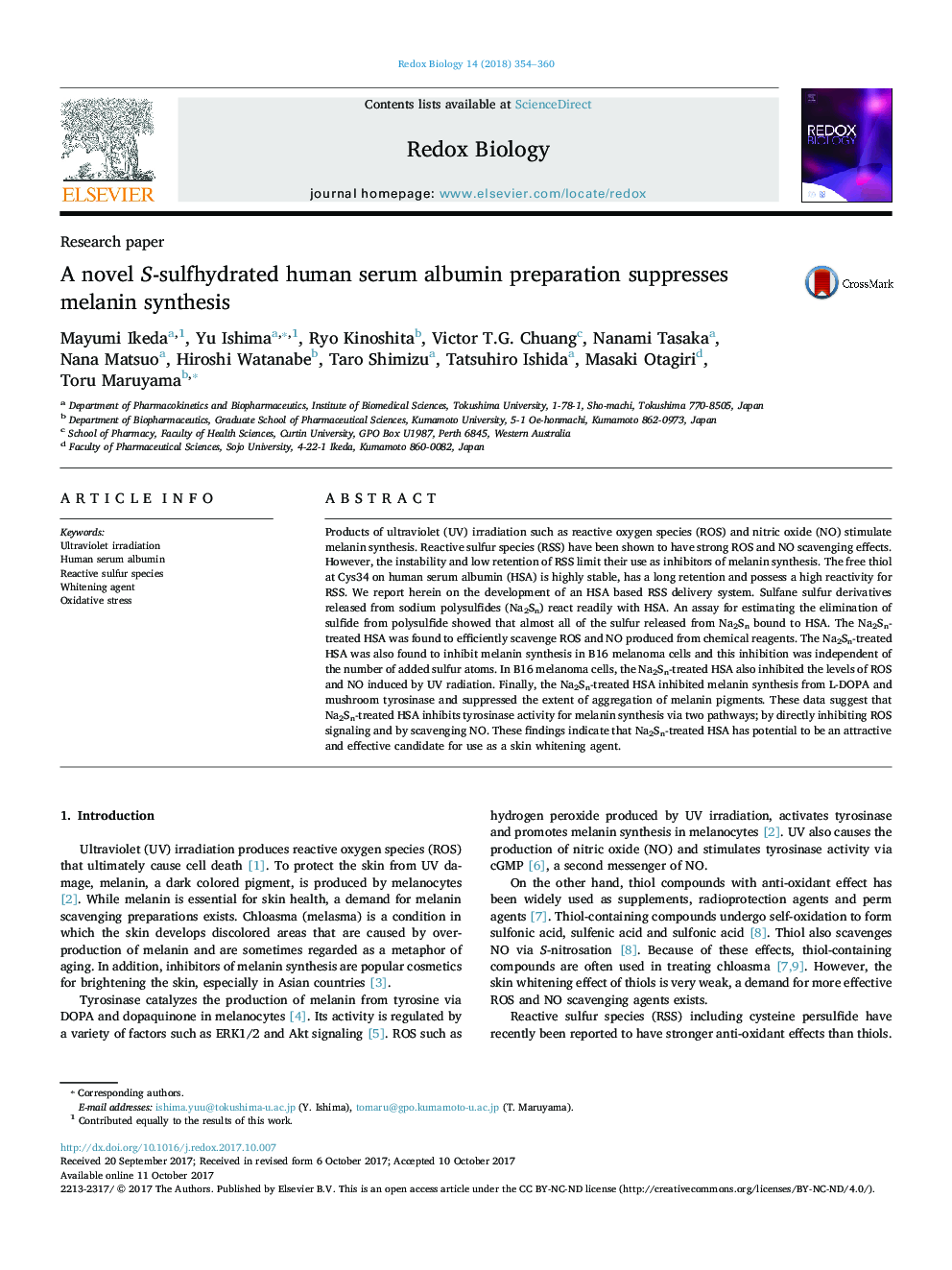 عکس صفحه اول مقاله: A novel S-sulfhydrated human serum albumin preparation suppresses melanin synthesis A novel S-sulfhydrated human serum albumin preparation suppresses melanin synthesis