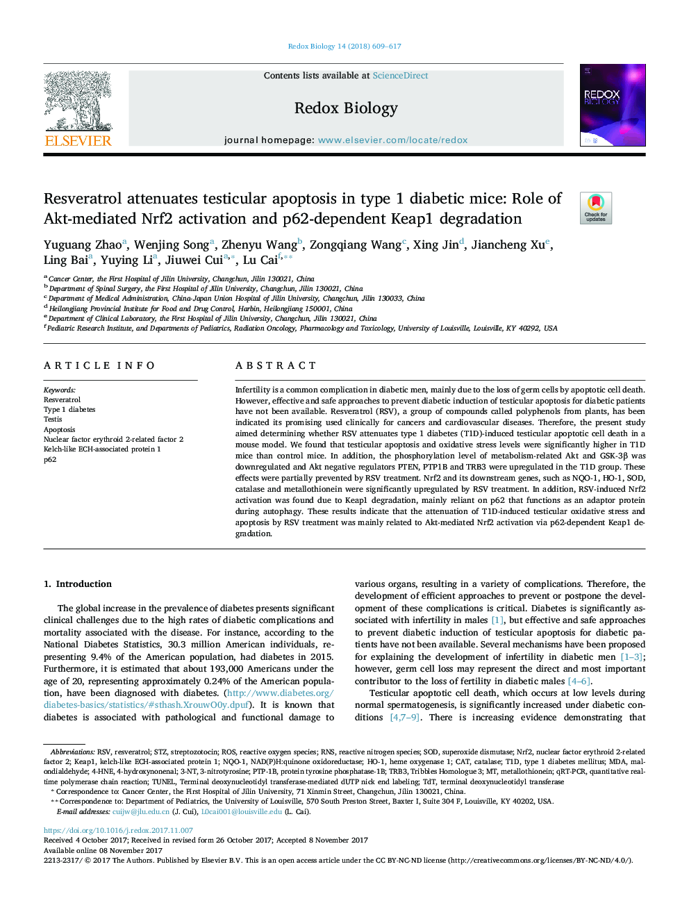 عکس صفحه اول مقاله: Resveratrol attenuates testicular apoptosis in type 1 diabetic mice: Role of Akt-mediated Nrf2 activation and p62-dependent Keap1 degradation Resveratrol attenuates testicular apoptosis in type 1 diabetic mice: Role of Akt-mediated Nrf2 activation and p62-dependent Keap1 degradation