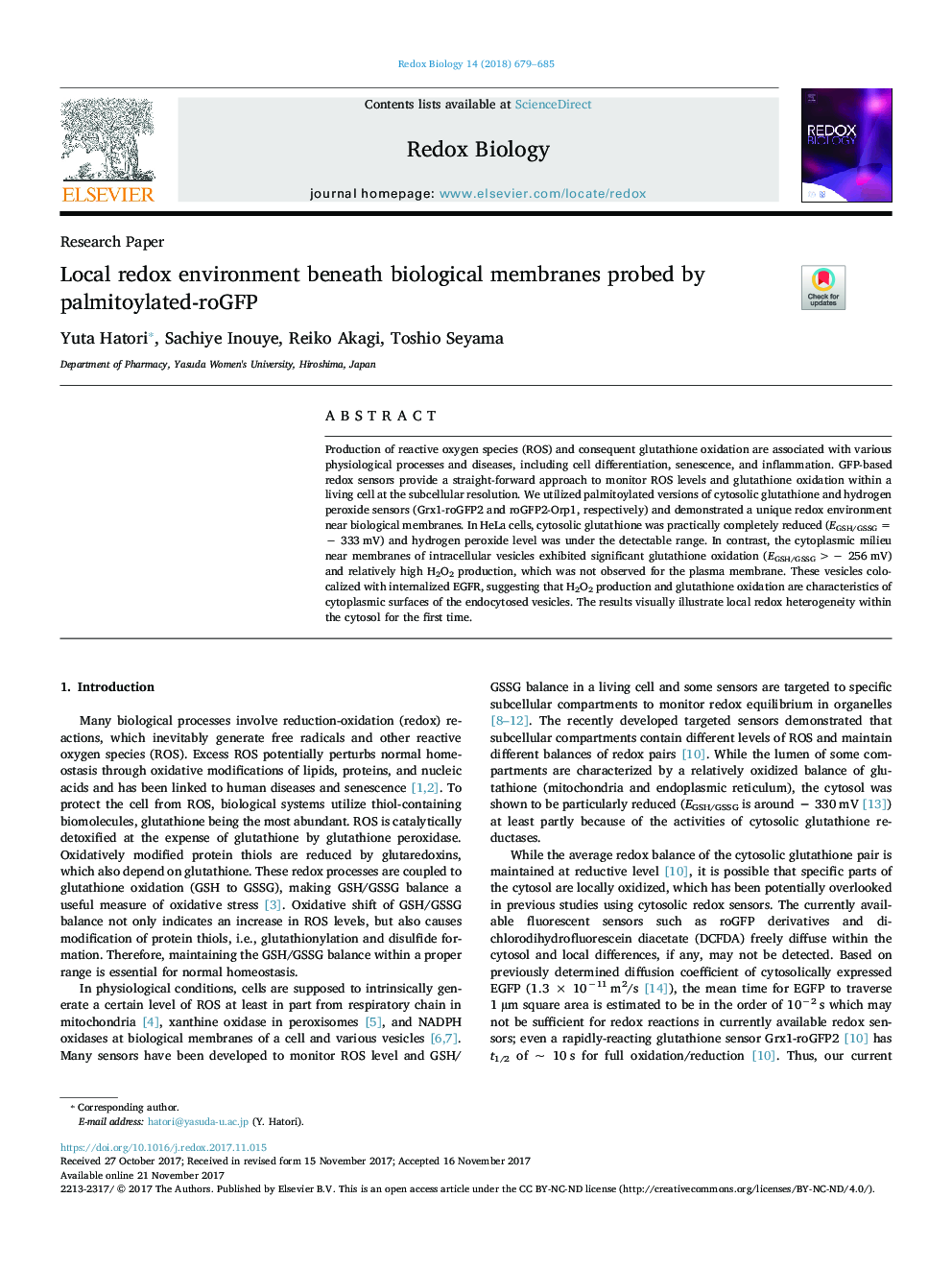 عکس صفحه اول مقاله: Local redox environment beneath biological membranes probed by palmitoylated-roGFP Local redox environment beneath biological membranes probed by palmitoylated-roGFP