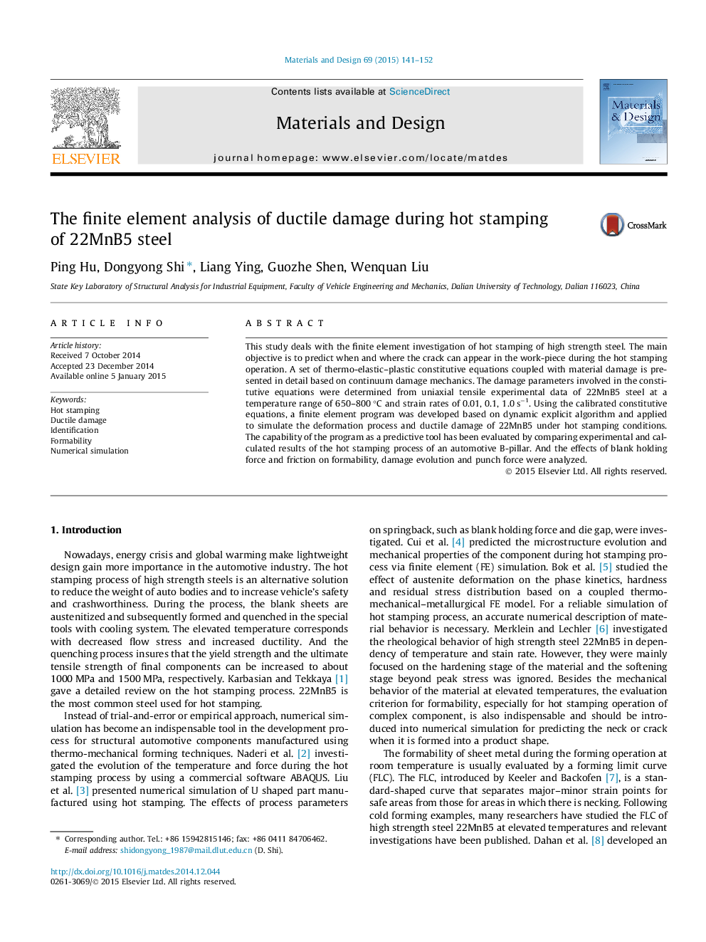 The finite element analysis of ductile damage during hot stamping of 22MnB5 steel