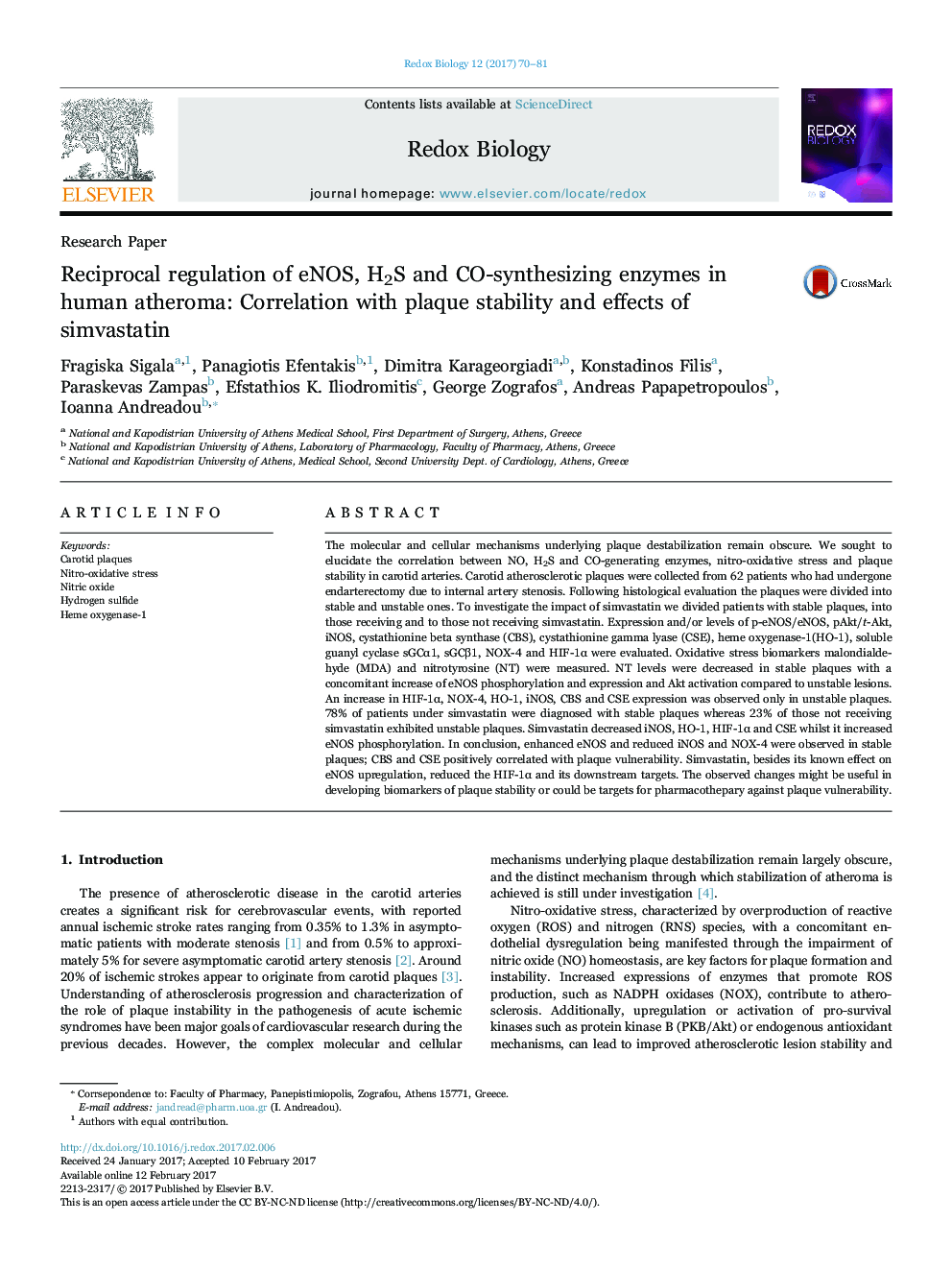 Reciprocal regulation of eNOS, H2S and CO-synthesizing enzymes in human atheroma: Correlation with plaque stability and effects of simvastatin