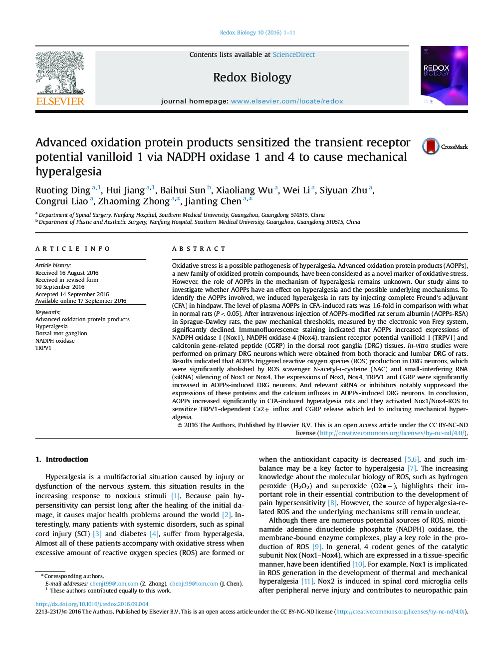 Advanced oxidation protein products sensitized the transient receptor potential vanilloid 1 via NADPH oxidase 1 and 4 to cause mechanical hyperalgesia