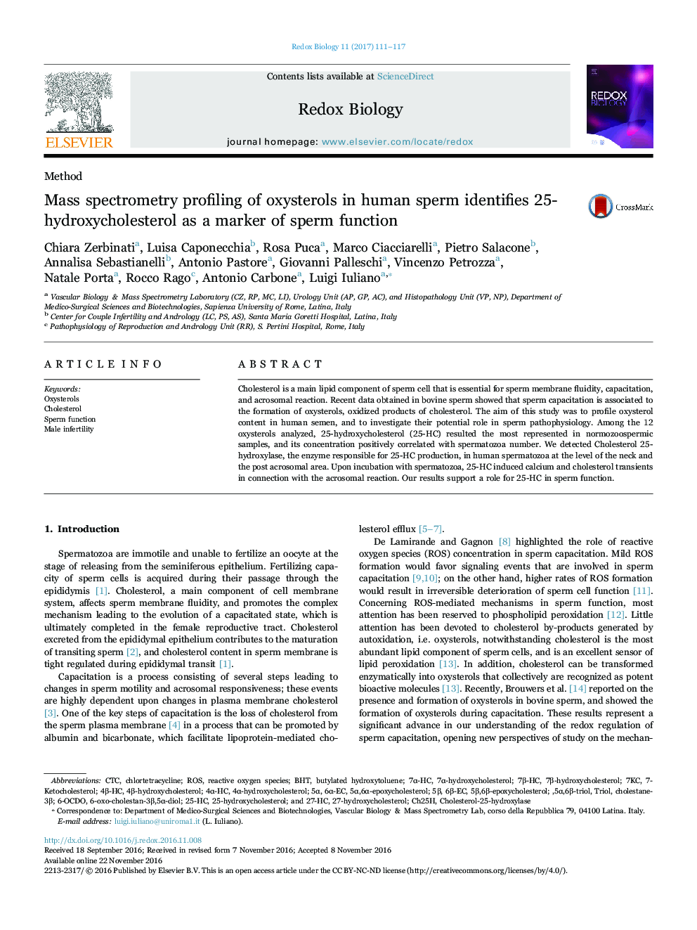 Mass spectrometry profiling of oxysterols in human sperm identifies 25-hydroxycholesterol as a marker of sperm function