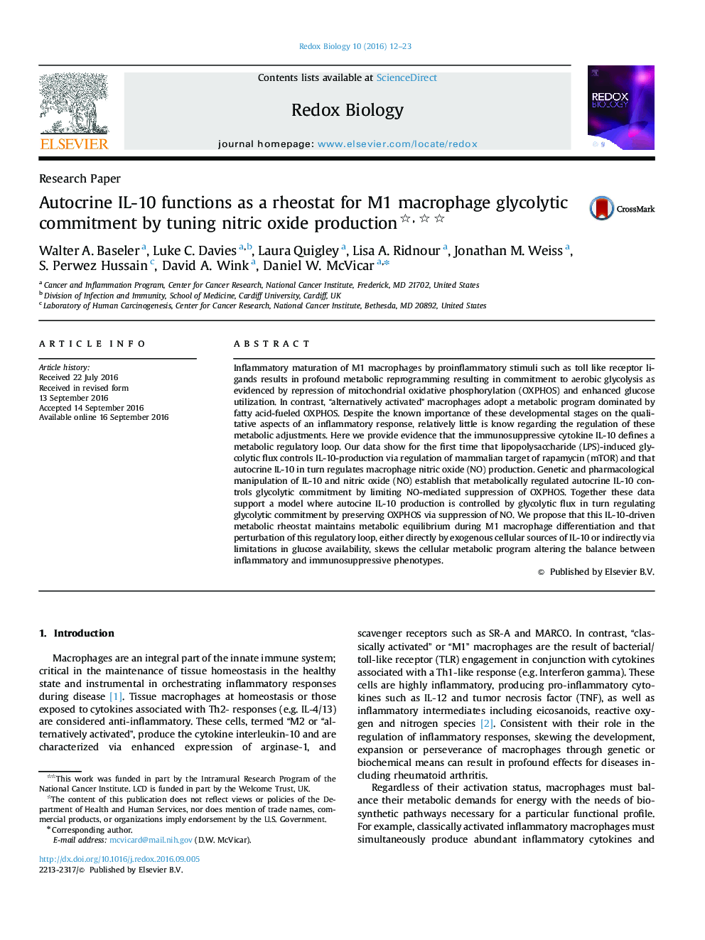 Autocrine IL-10 functions as a rheostat for M1 macrophage glycolytic commitment by tuning nitric oxide production