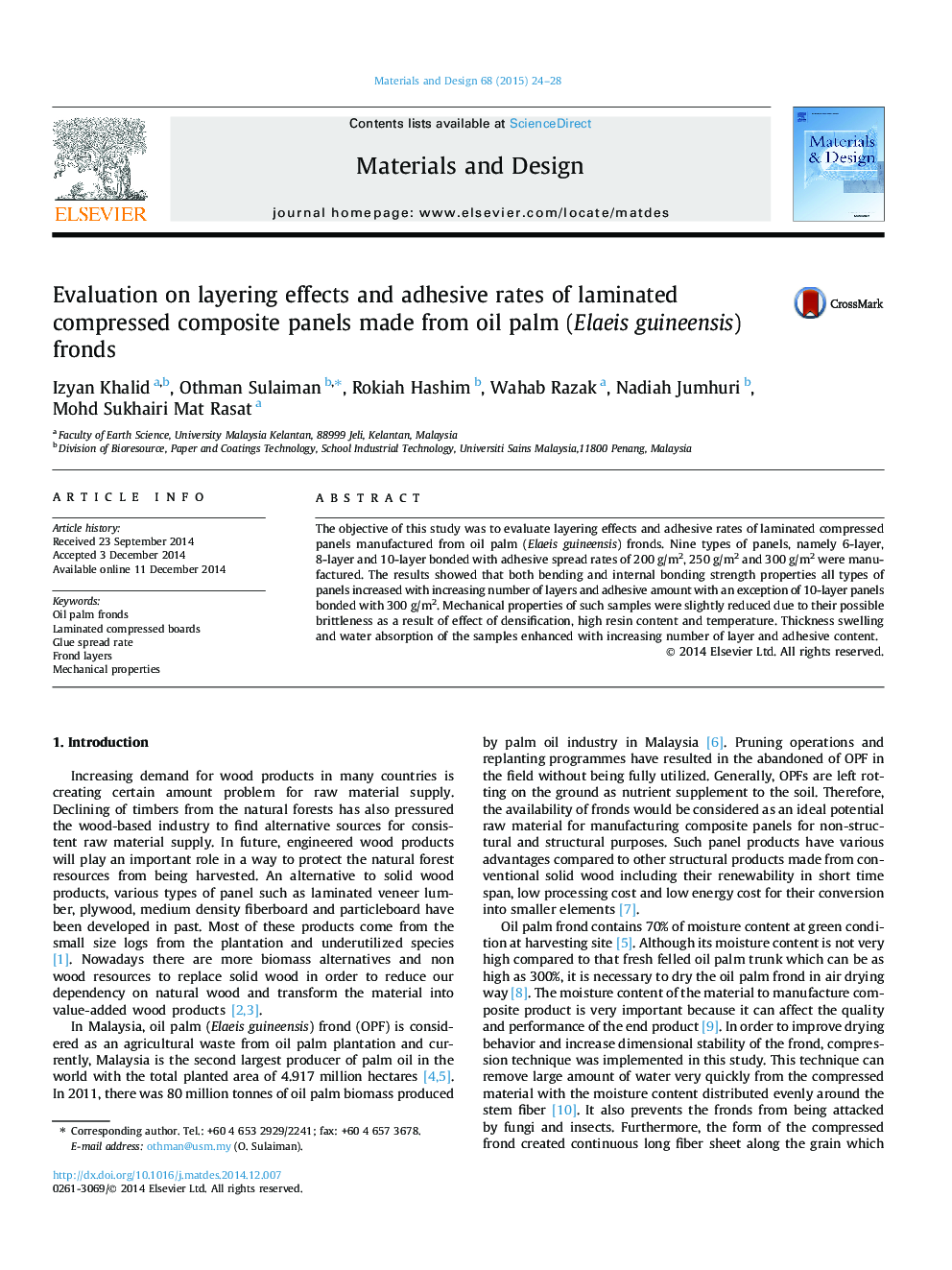 Evaluation on layering effects and adhesive rates of laminated compressed composite panels made from oil palm (Elaeis guineensis) fronds