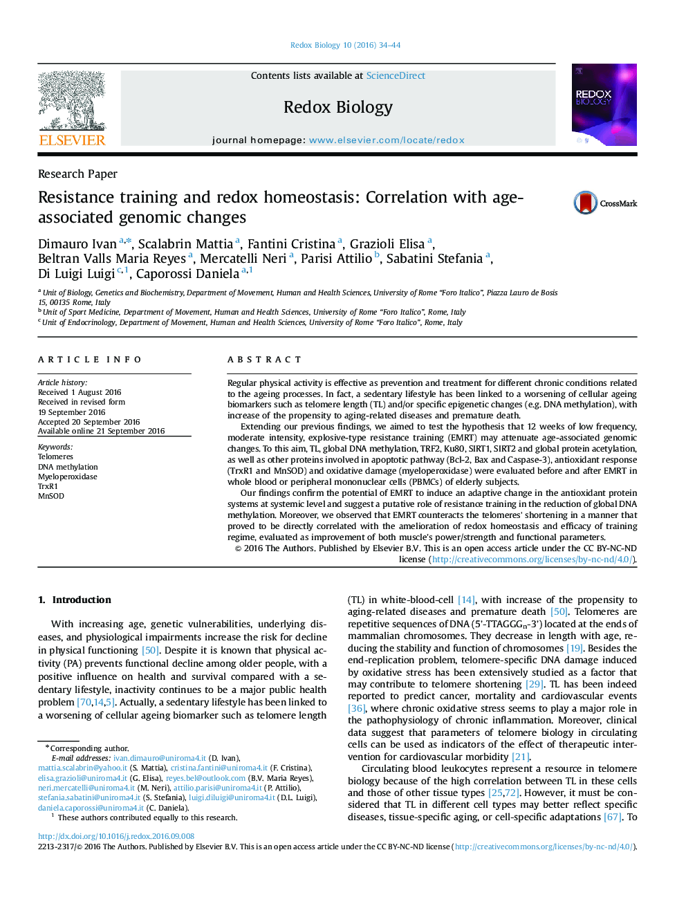 Resistance training and redox homeostasis: Correlation with age-associated genomic changes