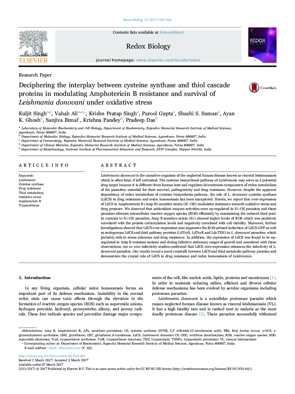 Deciphering the interplay between cysteine synthase and thiol cascade proteins in modulating Amphotericin B resistance and survival of Leishmania donovani under oxidative stress