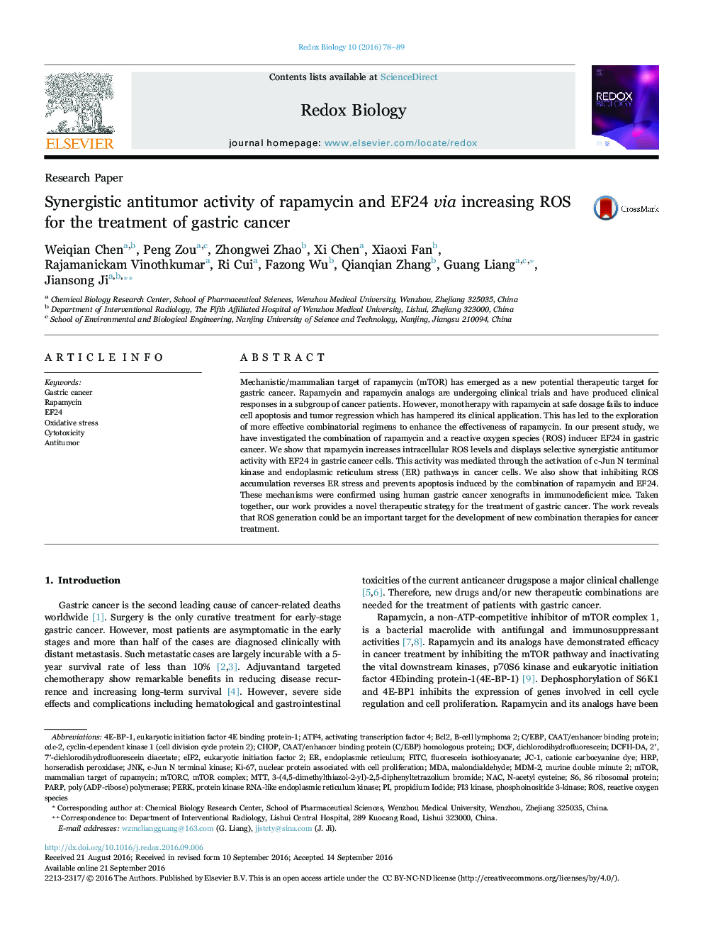 Synergistic antitumor activity of rapamycin and EF24 via increasing ROS for the treatment of gastric cancer