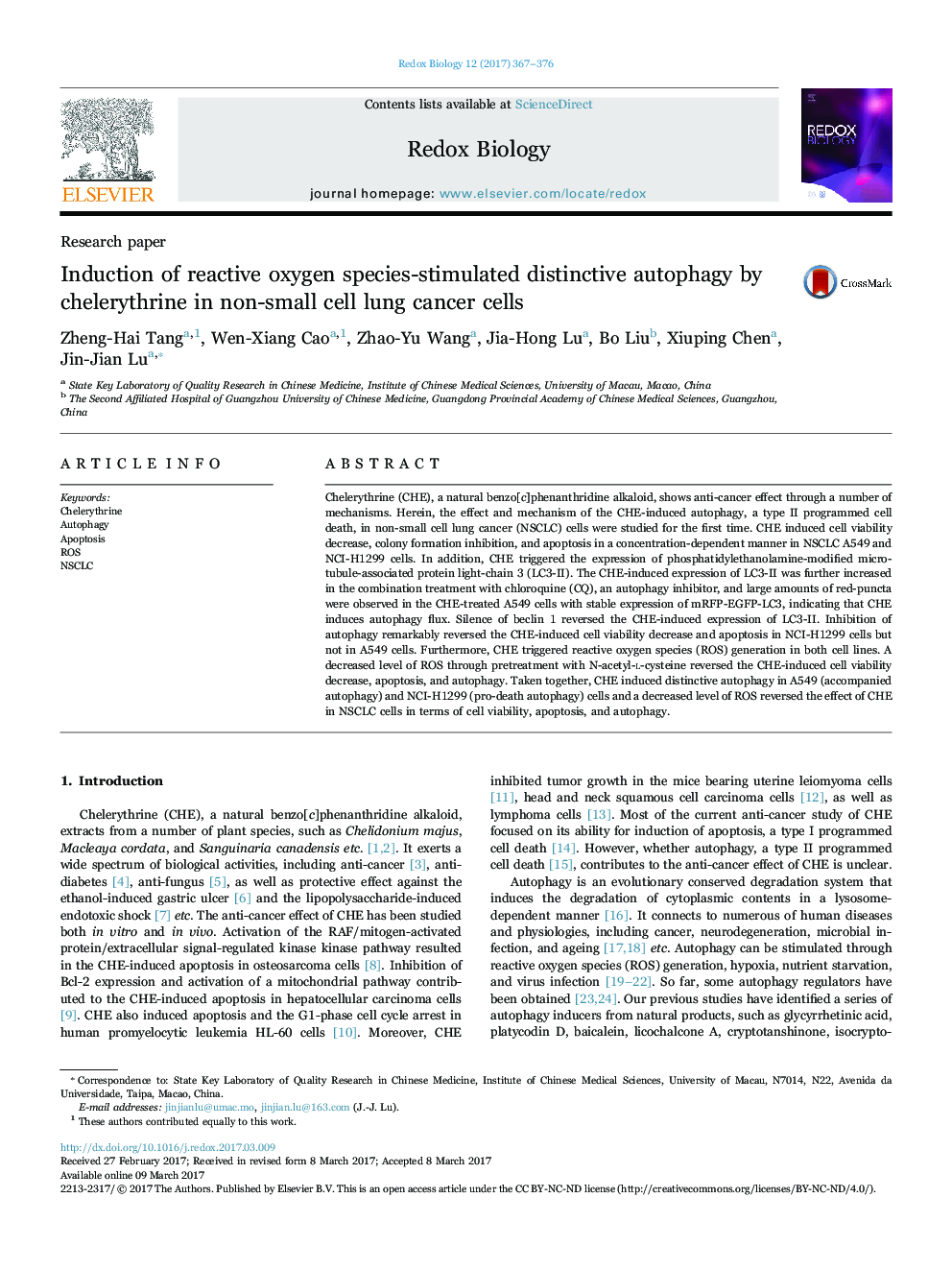 Induction of reactive oxygen species-stimulated distinctive autophagy by chelerythrine in non-small cell lung cancer cells