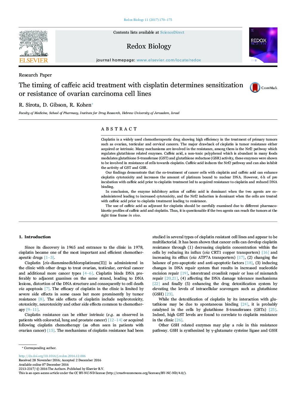 The timing of caffeic acid treatment with cisplatin determines sensitization or resistance of ovarian carcinoma cell lines