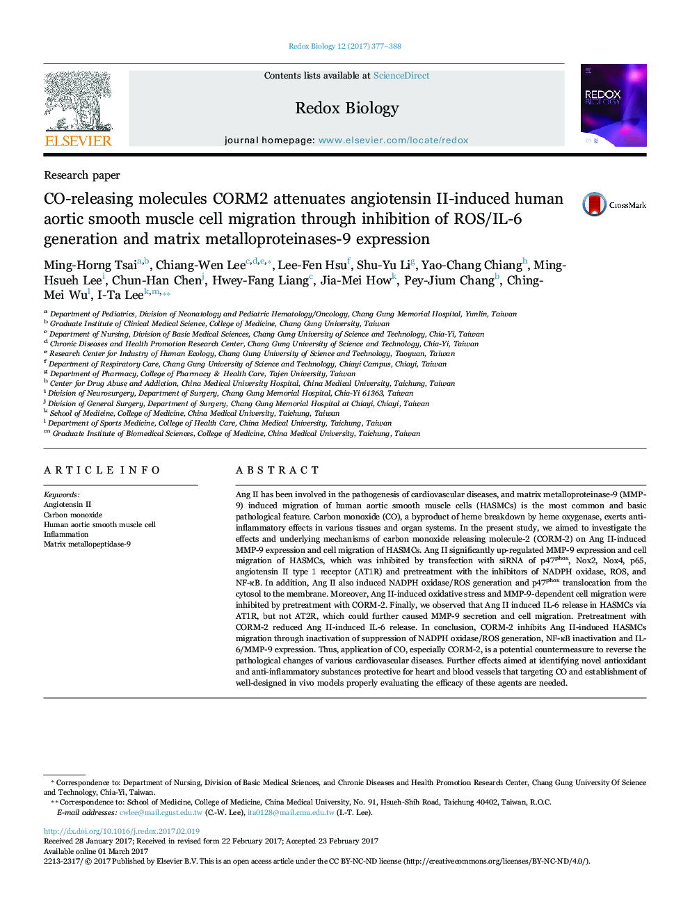 CO-releasing molecules CORM2 attenuates angiotensin II-induced human aortic smooth muscle cell migration through inhibition of ROS/IL-6 generation and matrix metalloproteinases-9 expression