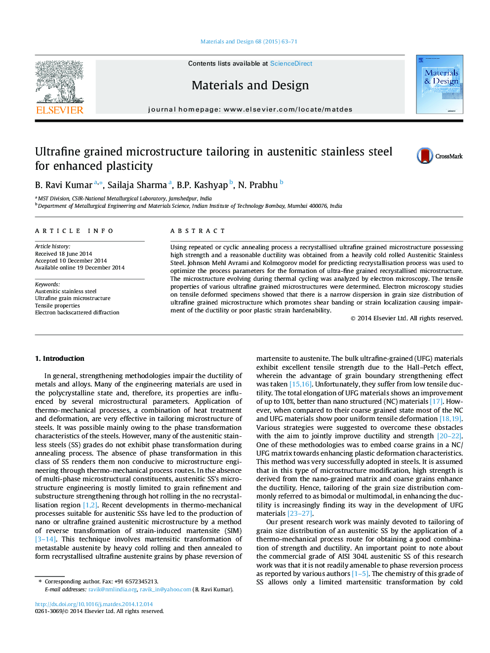 Ultrafine grained microstructure tailoring in austenitic stainless steel for enhanced plasticity