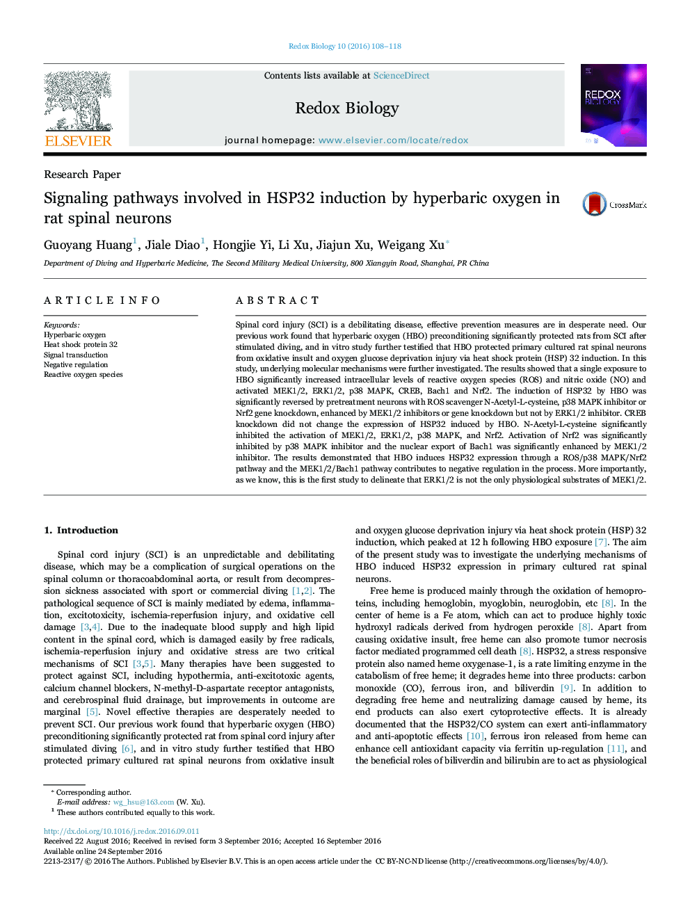 Signaling pathways involved in HSP32 induction by hyperbaric oxygen in rat spinal neurons