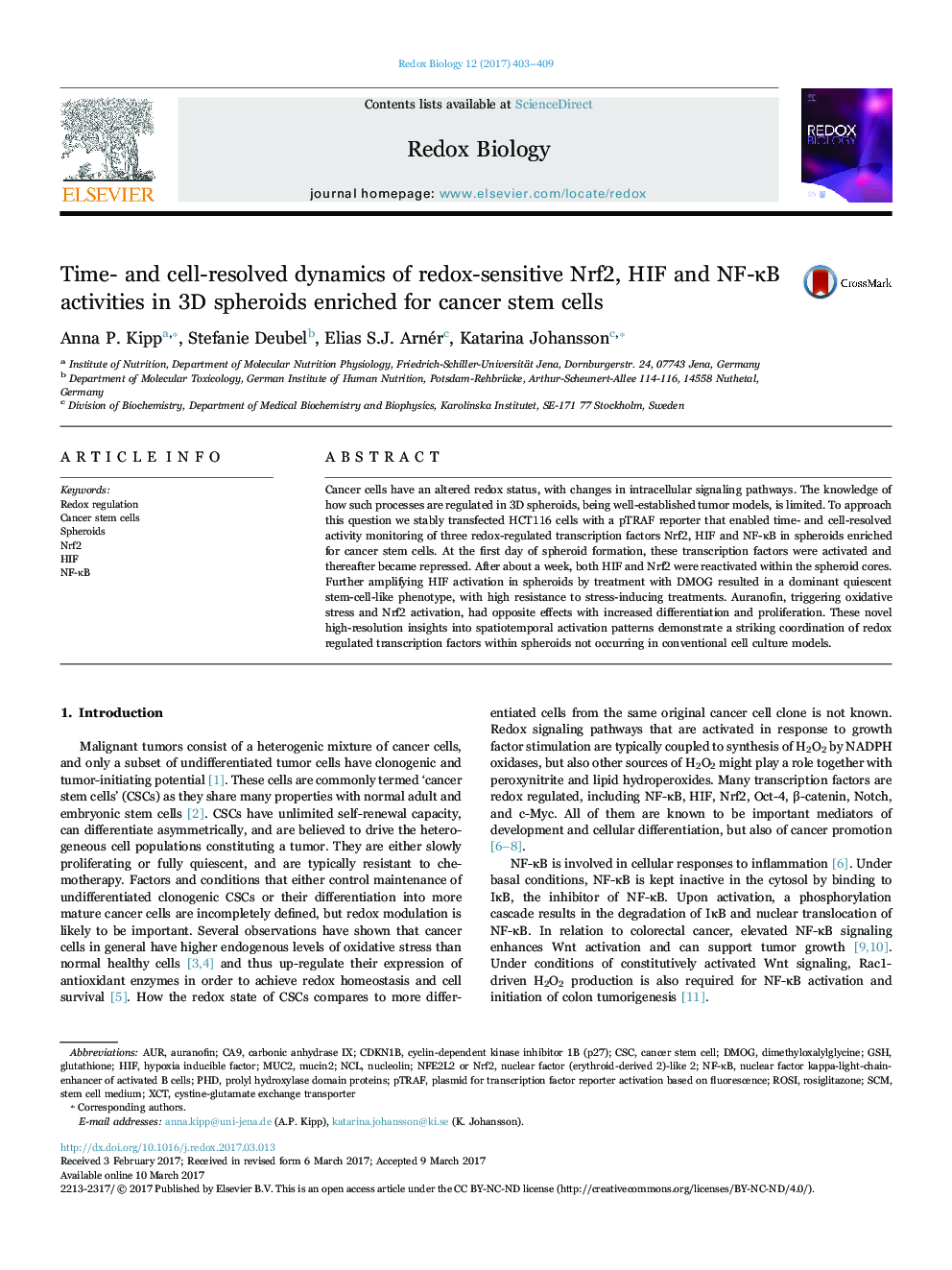 Time- and cell-resolved dynamics of redox-sensitive Nrf2, HIF and NF-ÎºB activities in 3D spheroids enriched for cancer stem cells