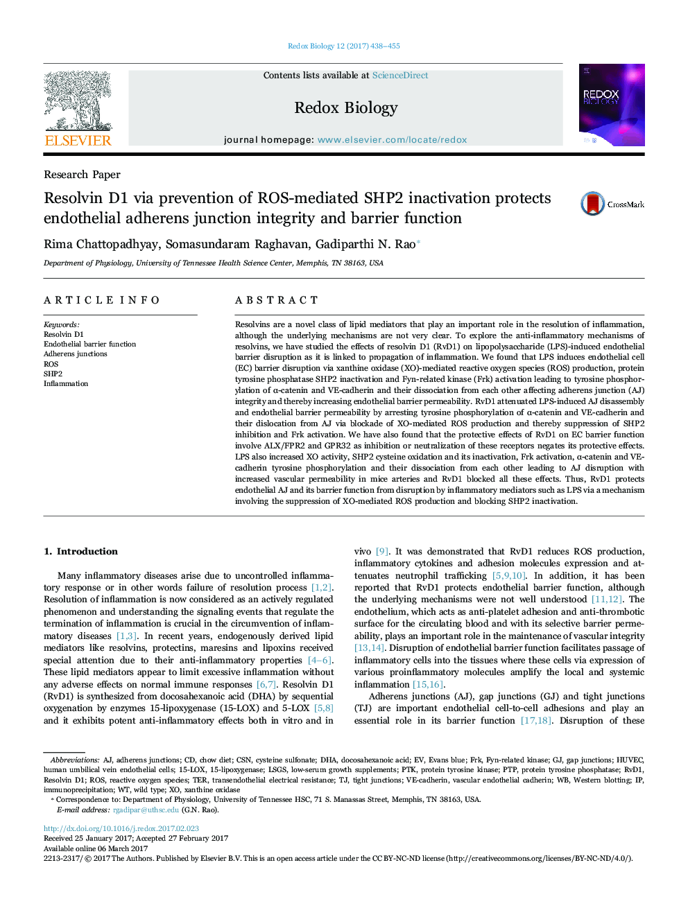 Resolvin D1 via prevention of ROS-mediated SHP2 inactivation protects endothelial adherens junction integrity and barrier function