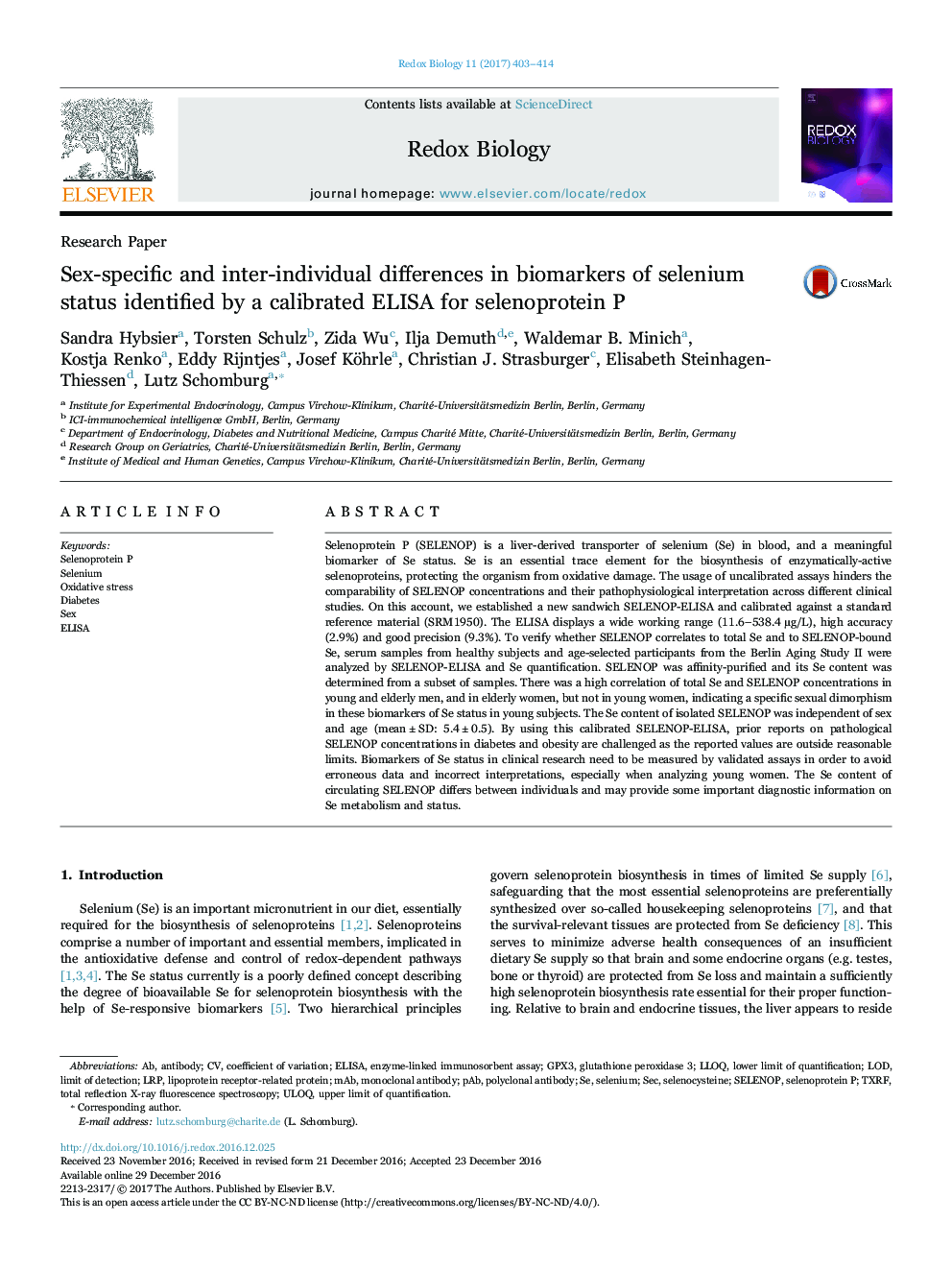 Sex-specific and inter-individual differences in biomarkers of selenium status identified by a calibrated ELISA for selenoprotein P