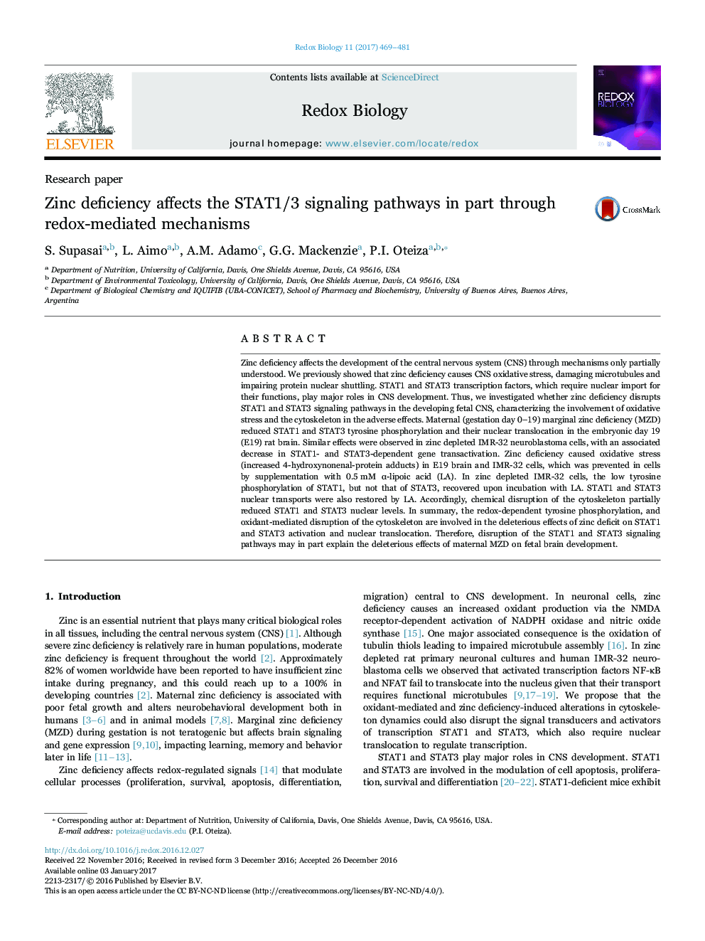 عکس صفحه اول مقاله: Zinc deficiency affects the STAT1/3 signaling pathways in part through redox-mediated mechanisms Zinc deficiency affects the STAT1/3 signaling pathways in part through redox-mediated mechanisms