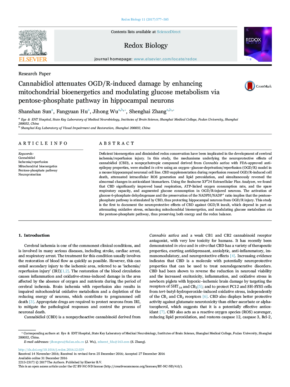 Cannabidiol attenuates OGD/R-induced damage by enhancing mitochondrial bioenergetics and modulating glucose metabolism via pentose-phosphate pathway in hippocampal neurons