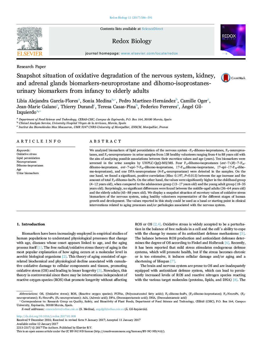 Snapshot situation of oxidative degradation of the nervous system, kidney, and adrenal glands biomarkers-neuroprostane and dihomo-isoprostanes-urinary biomarkers from infancy to elderly adults