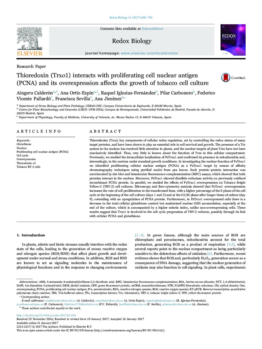 Thioredoxin (Trxo1) interacts with proliferating cell nuclear antigen (PCNA) and its overexpression affects the growth of tobacco cell culture