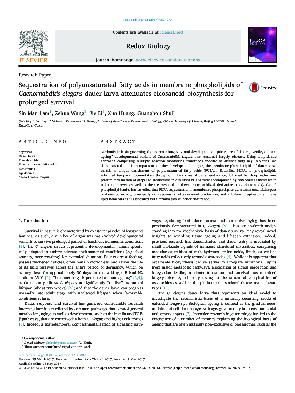 Sequestration of polyunsaturated fatty acids in membrane phospholipids of Caenorhabditis elegans dauer larva attenuates eicosanoid biosynthesis for prolonged survival