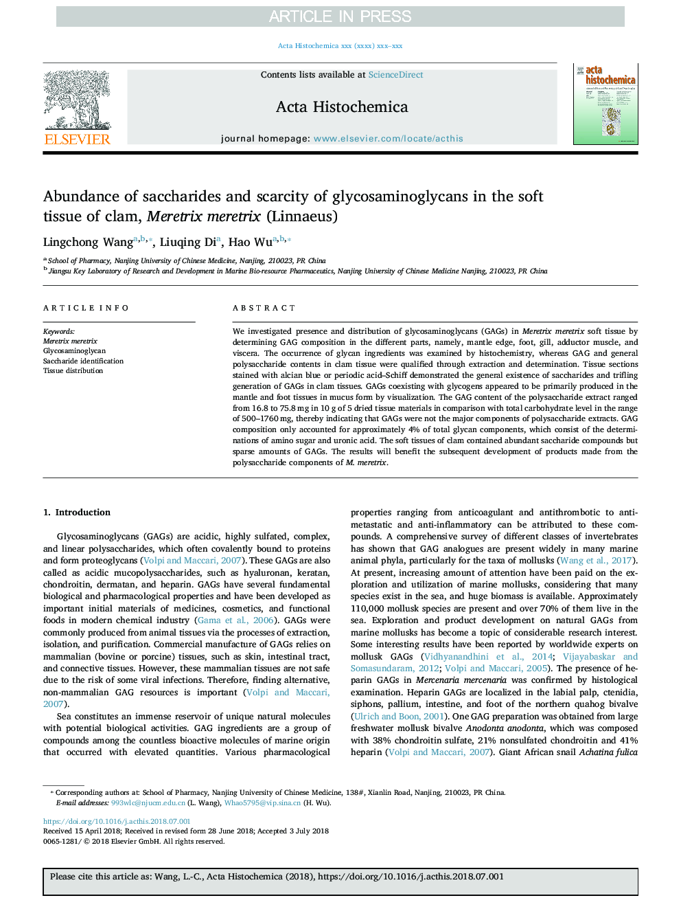 Abundance of saccharides and scarcity of glycosaminoglycans in the soft tissue of clam, Meretrix meretrix (Linnaeus)