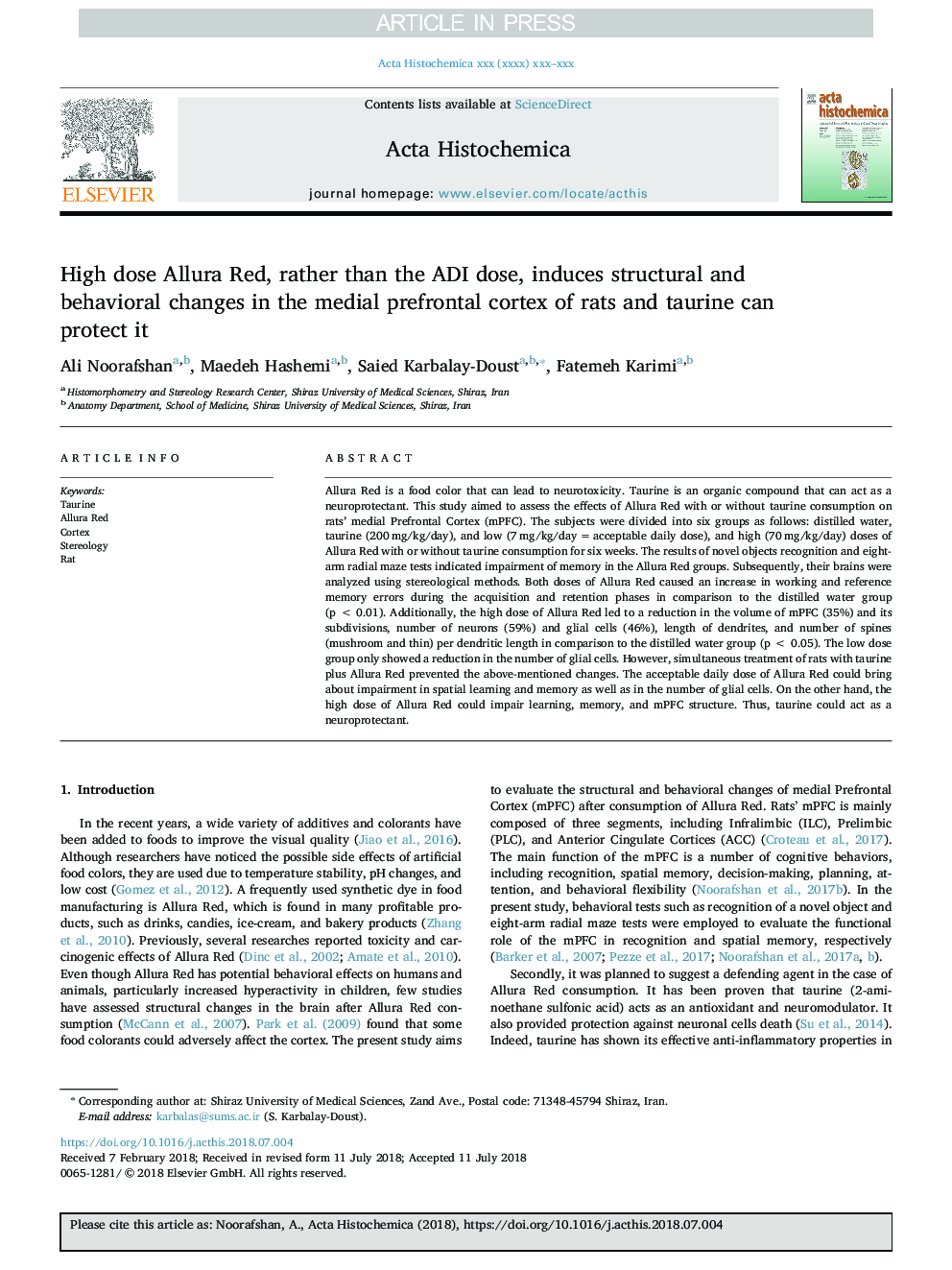 High dose Allura Red, rather than the ADI dose, induces structural and behavioral changes in the medial prefrontal cortex of rats and taurine can protect it